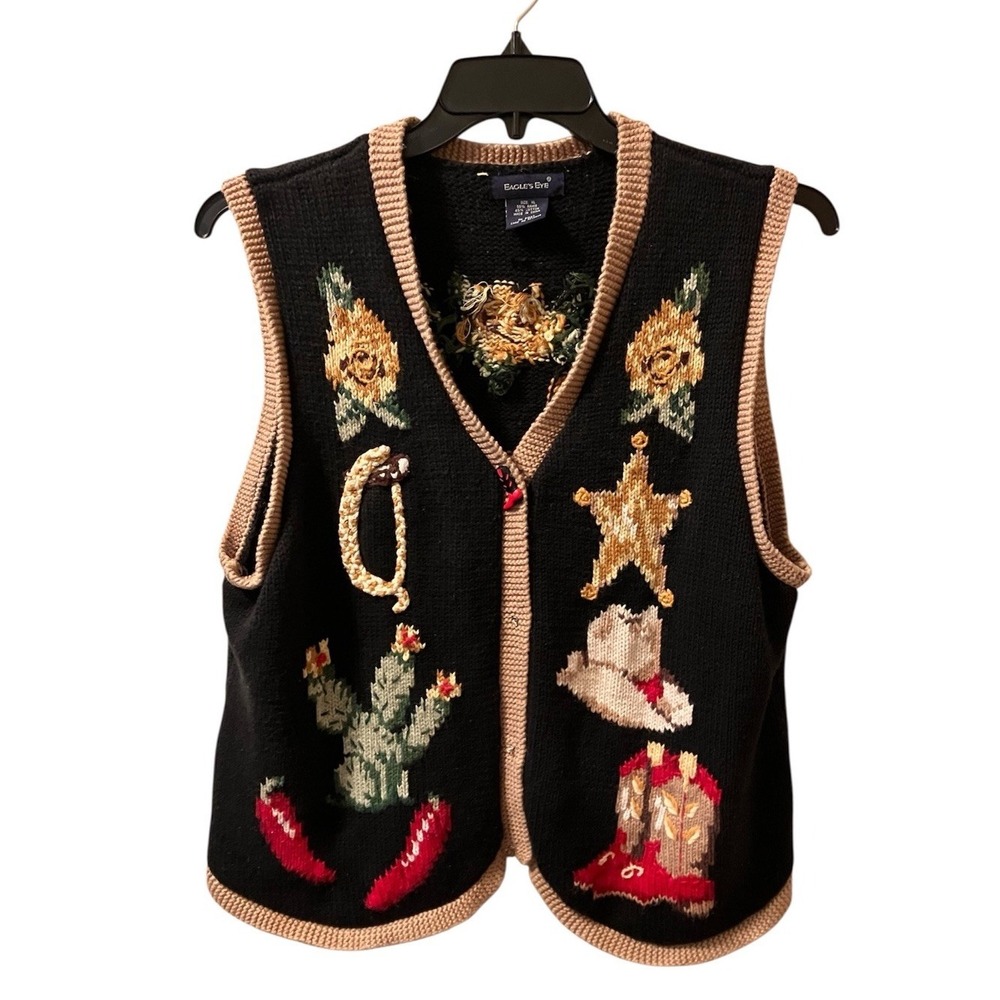 Eagles Eye Vtg Sweater Vest 90s Texas Western Themed Hand‎ Knit XL Rodeo Boots